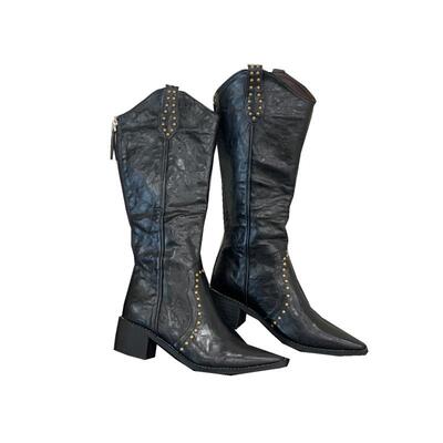 骑士靴V口铆钉尖头长筒靴秋新款