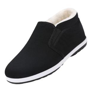 冬季羊毛棉鞋老北京布鞋一脚蹬老人鞋加绒保暖防滑高帮千层底男士