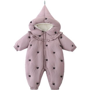 婴儿羽绒连体衣秋冬季小月龄三防白鸭绒保暖哈衣爬爬服女宝宝冬装
