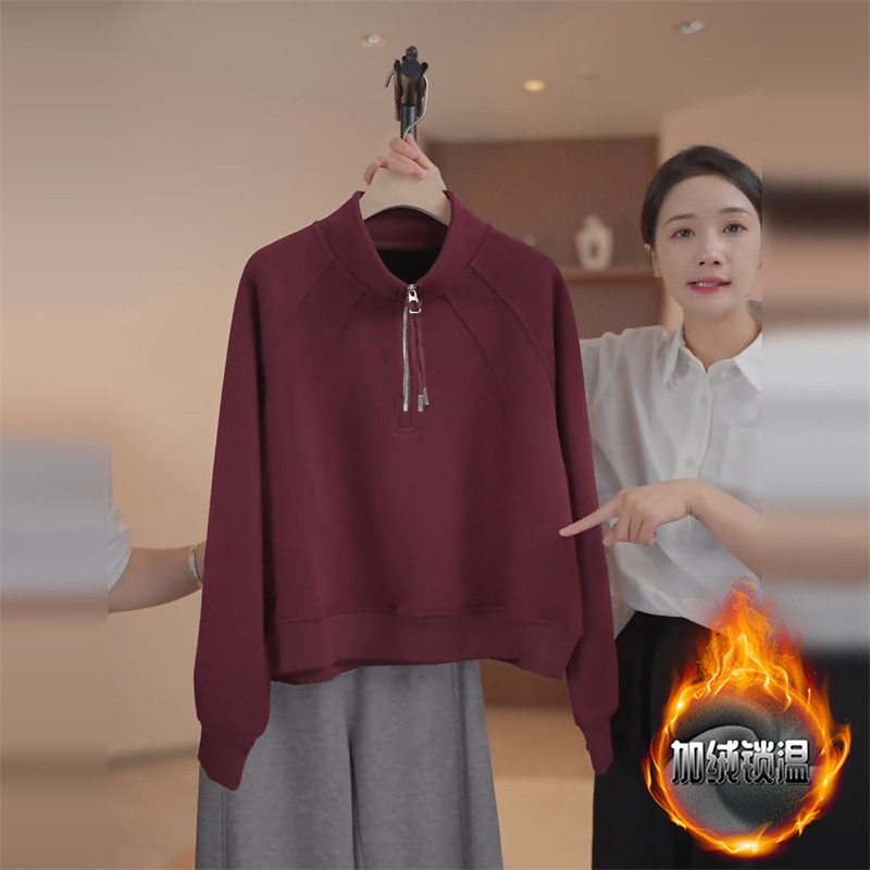 慵懒风加绒加厚无帽半开领卫衣女秋冬宽松高级感气质长袖上衣女士