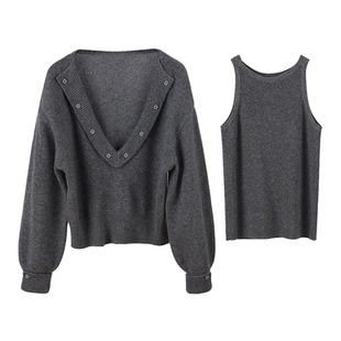 NancyCavally时髦叠穿风 云朵感100羊毛 修身针织背心/毛衣两件套