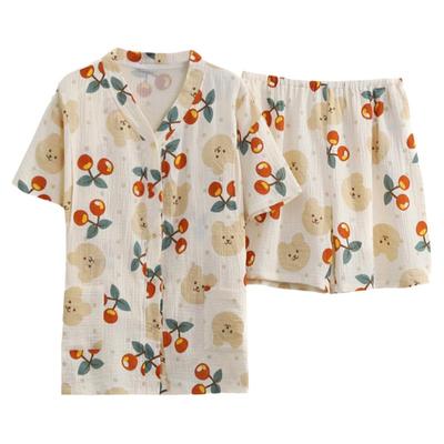 女纯棉双层纱V领哺乳睡衣家居服