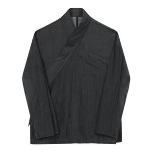 超薄透明长袖斜襟系带上衣衬衫男士中国风汉服衬衣黑色白色简约潮