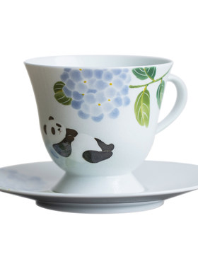 山水间绣球花熊猫手绘咖啡杯茶杯