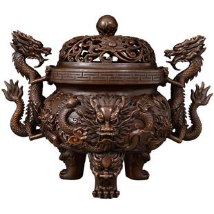九龙三足香薰炉带盖龙戏珠黄铜家居玄关祠堂寺庙装饰摆件用品