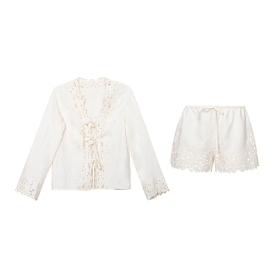 TOP家 自然织物 南法复古镂空绣花V领天丝亚麻长袖上衣/抽绳短裤