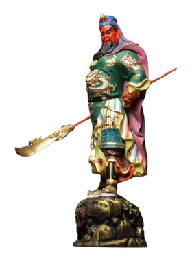 桧木精雕彩绘描金武财神关公摆件