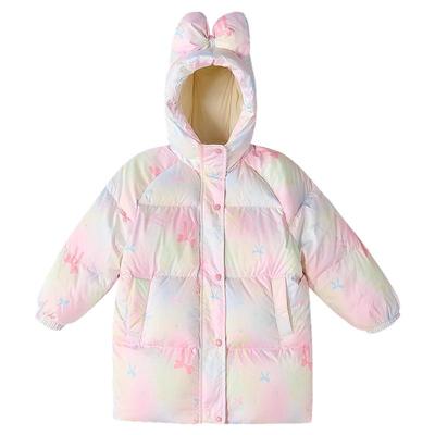 笛莎童装女童羽绒服冬季新款宝宝儿童女孩连帽加厚中长款外套印花