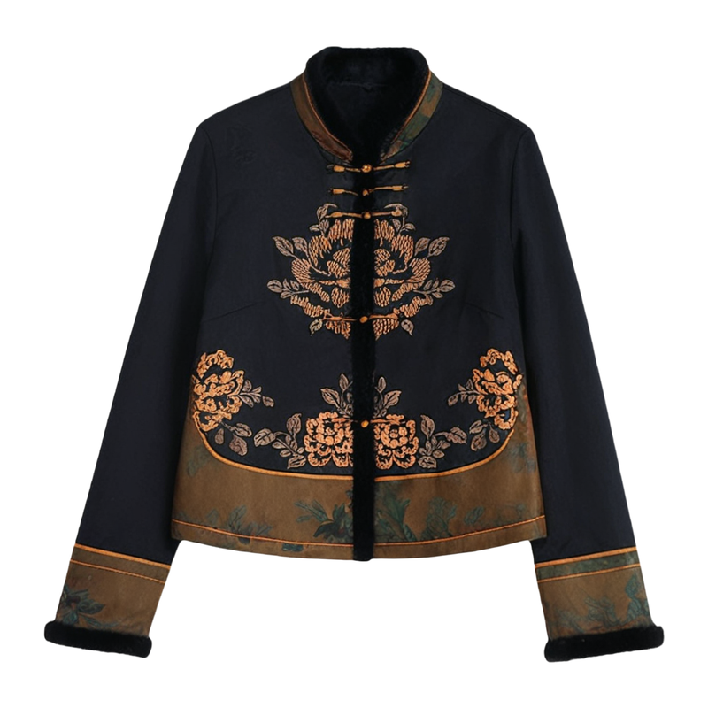 齐黛新中式高端品牌香云纱棉服女2025冬季新款加厚毛领棉衣短外套