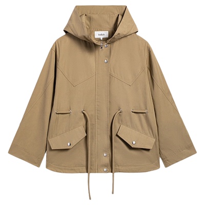 bash2026新款春季复古驼色抽绳收腰连帽设计短款风衣外套1E26ILIO