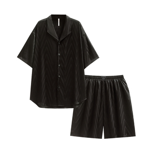 悦内睡衣男士夏季夏天冰丝丝绸短袖短裤家居服男款大码黑色高级感