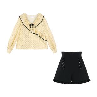 法式荷叶边v领波点黄色衬衫女2026年春季韩系小香风小衫别致上衣