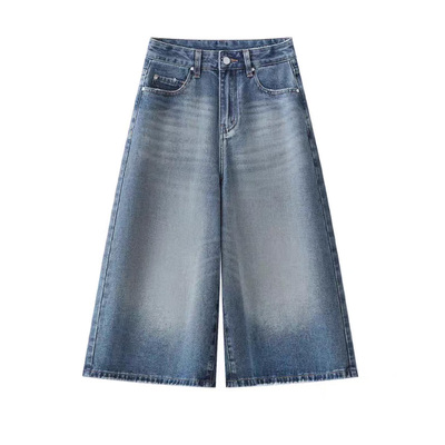 复古蓝七分牛仔裤女阔腿中裤子