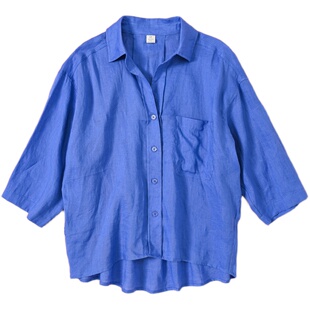 夏新款纯麻衬衫女宽松大码文艺复古印花亚麻衬衣上衣外贸原单凉爽