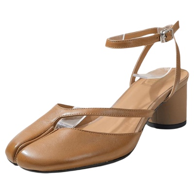 时髦轻奢 Simcoe 头层牛皮真皮新款包头凉鞋女粗跟搭扣单鞋高跟鞋