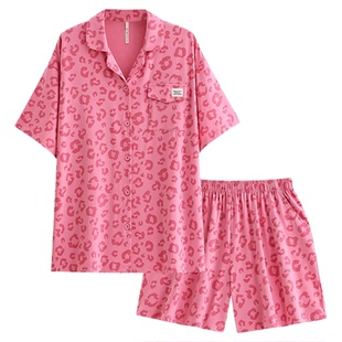 悦内睡衣女款夏季夏天纯棉短袖短裤家居服夏款玫红色豹纹开衫套装