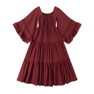 三亚海边度假沙滩裙红色旅游喇叭袖海岛海滩穿搭ootd连衣裙长裙