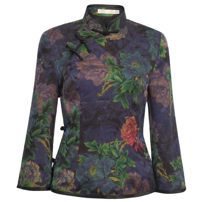 华族经典长袖旗袍上衣禅服汉服女中国风真丝桑蚕丝盘扣唐装上衣女