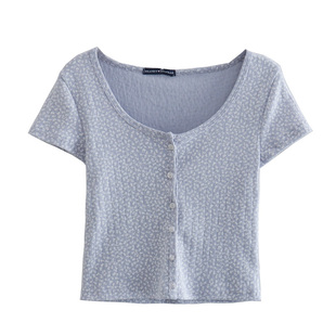Brandy Girl赵露思同款蓝色碎花甜辣上衣bm风碎花高腰短袖开衫t恤