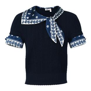 lefame拉飞姆2026春季新款时尚珠饰印花丝巾针织短袖小上衣女修身