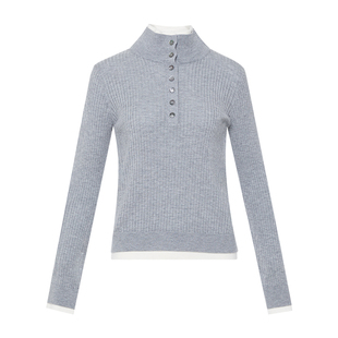 傲丝度学院风撞色假两件针织衫女灰色翻领纽扣毛衣叠穿上衣春新品