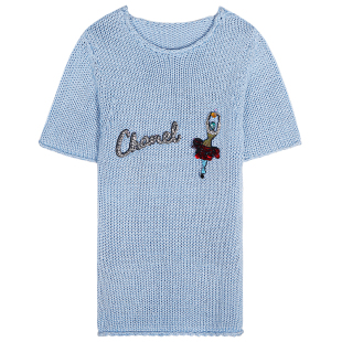 落落狷介 短袖套头毛衣女2025年新款蓝色刺绣钉珠上衣小个子小众