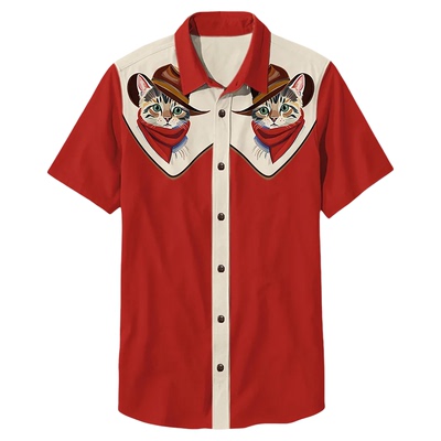 Flip collar short sleeved printed shirt翻领系扣短袖印花衬衣