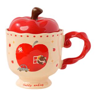 新款苹果高脚杯喝水办公带盖情侣水杯子家用女陶瓷马克杯伴手礼物