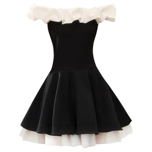 现货设计感赫本风网纱拼接一字肩蓬蓬裙收腰显瘦高级感礼服芭蕾裙