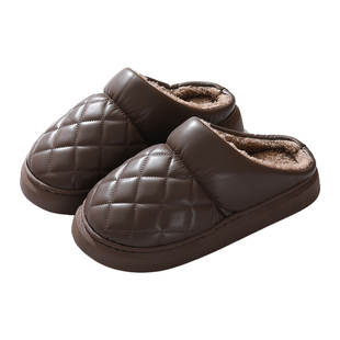皮面男士棉拖鞋男女冬季加绒保暖防水防滑居家外穿加厚软底皮质