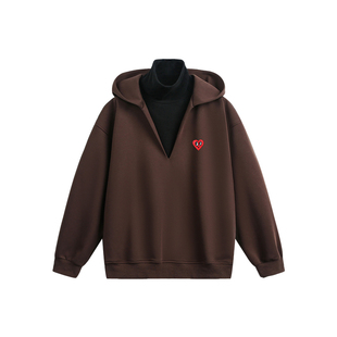 查尔斯桃心深V领假两件连帽卫衣春秋宽松简约高级感百搭情侣帽衫