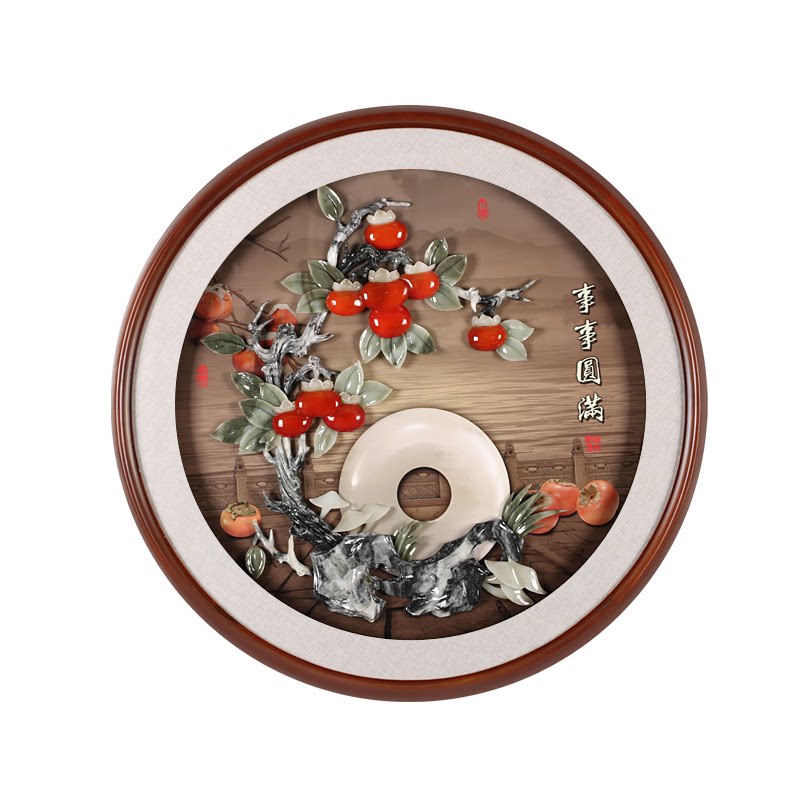 新中式入户玄关沙发背景墙玉石装饰画走廊过道圆形玉雕LED灯光画