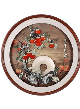 新中式圆形玄关画玉石手工装饰画