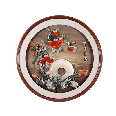 新中式圆形玄关画玉石手工装饰画