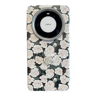 拓岚 适用华为mate60pro+手机壳p60pro新款皮质电镀银mat40pro法式复古墨绿油画白花朵立体mate70pro防摔女款