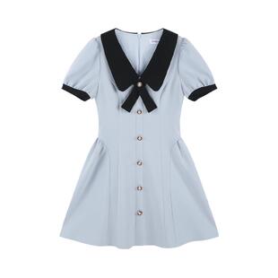 高级感法式蓝色娃娃领连衣裙女夏季掐腰荷叶边小香风甜美减龄裙子