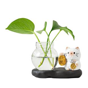 招米纳福猫桌面小摆件绿萝水培器皿水养植物花瓶工位解压装饰品