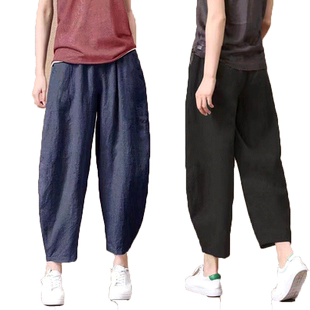 棉麻哈伦裤子女夏九分裤宽松薄款亚麻松紧腰阔腿裤文艺百搭休闲裤