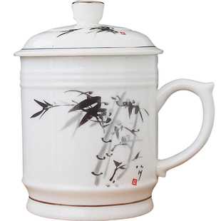 景德镇陶瓷器茶杯水杯骨质瓷大容量茶杯带盖大号马克杯会议杯子