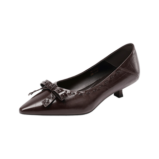 哈森复古风尖头细跟高跟鞋蝴蝶结气质百搭单鞋2026新款HWS260152