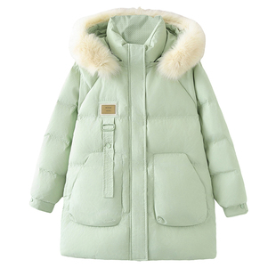 羽绒服女大码中长款2025冬季新款胖妹妹时尚毛领连帽宽松保暖外套