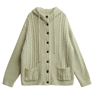 CV大码女冬季新品中长款连帽抽绳毛衣羊毛针织开衫保暖外套女胖mm