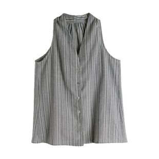 藏蓝白条纹无袖衬衫女夏薄款法式挂脖削肩宽松设计感别致背心上衣