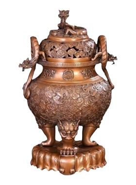 纯紫铜带底螭龙耳福云纹贡品摆件