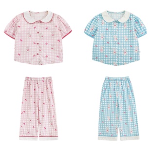 幼悠女童卡通兔子家居服夏季童趣可爱娃娃翻领睡衣直筒裤两件套潮