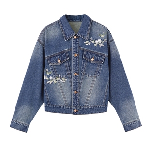 秋水伊人复古绣花牛仔外套女2026春季新款宽松设计感蓝色短款外套