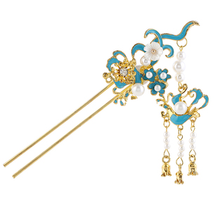 复古景泰蓝发簪子发钗古风发饰烧蓝凤头钗超仙流苏步摇汉服配饰品