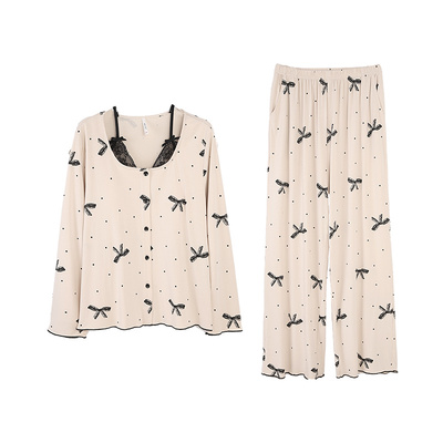 安之伴【巨柔软】纯棉睡衣女款春秋季带胸垫宽松家居服套装可外穿