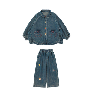 幼悠女童2026春季新款可爱翻领牛仔外套宽松直筒牛仔裤儿童套装潮