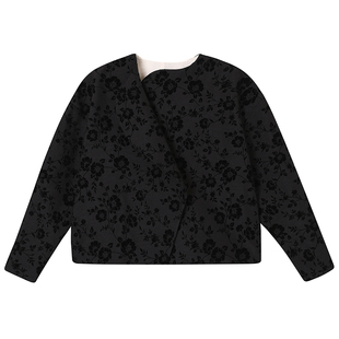 【SALE6折】蓝点原创设计师复古黑色提印花植绒茧型小众短外套秋